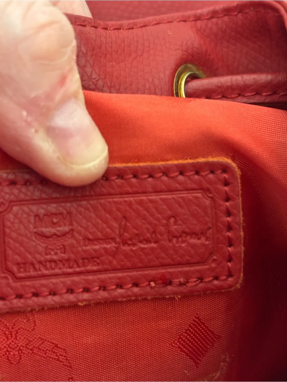 Vintage MCM München Red Leather Small Backpack Drawstring Flap Gold Hardware